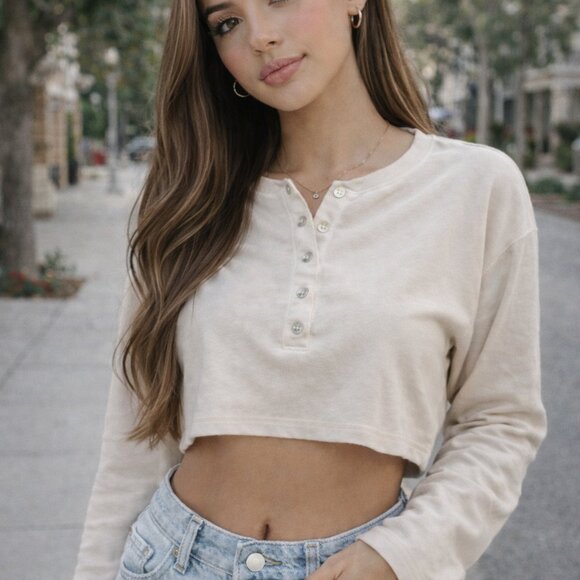 Wilfred Tops - Wilfred Free White Ribbed Cropped Long Sleeve Top Size S